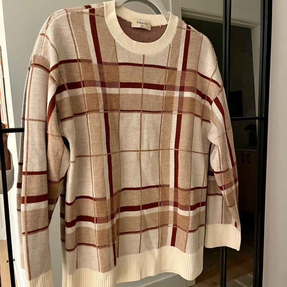 Aritzia Babaton Cream and Brown Plaid 100% Merino Wool Sweater